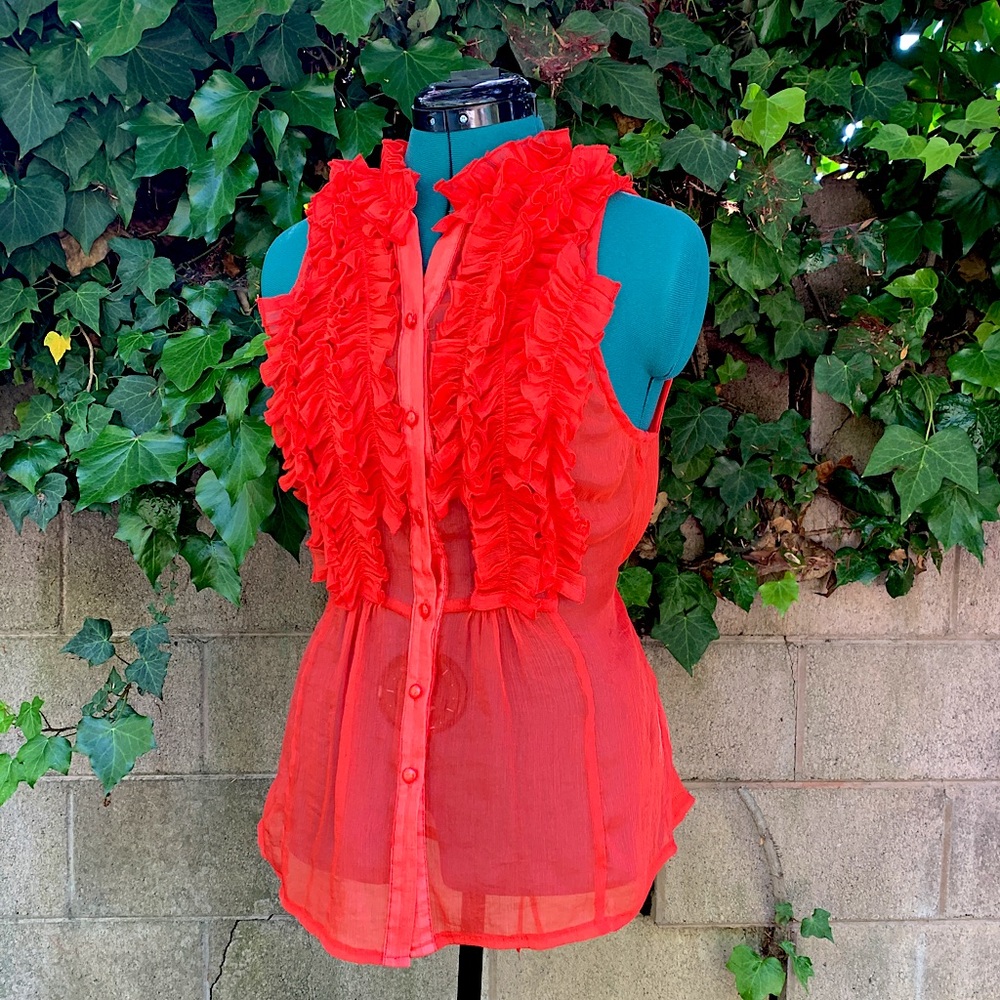 Twenty One Red Ruffle Top Forever 21 Sheer Shimmer Sleeveless Boho Romantic